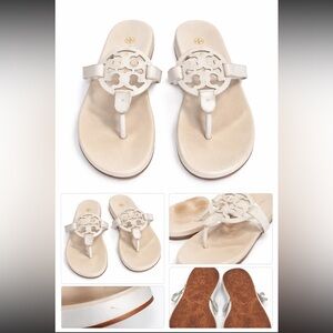 Tory Burch Miller Sandals White Leather Logo Thong Size 8